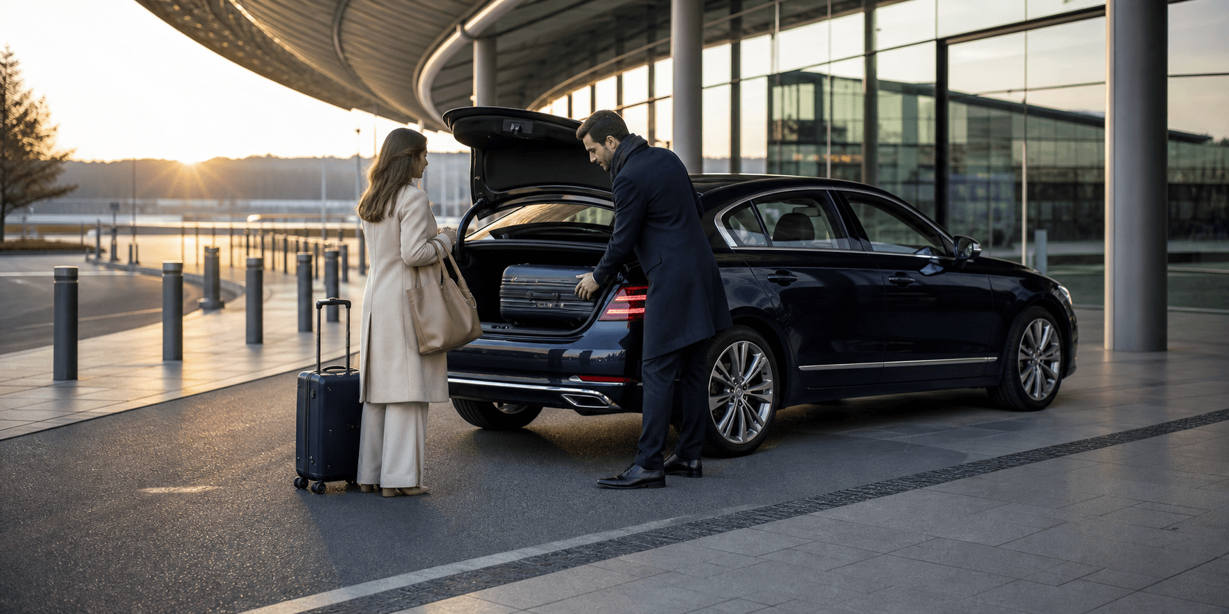 Un chauffeur range les bagages d’une passagère dans un véhicule privé devant un aéroport